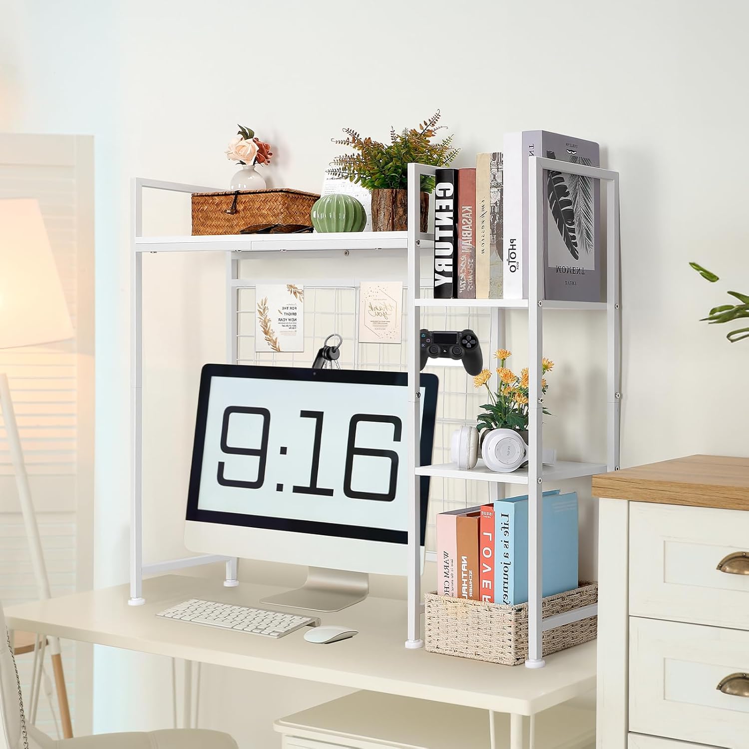 YBING Desk Shelf, 37.4" Desktop Organizer Shelf, Desk Hutch for Computer Monitor, Display Bookcase Rack with Grid Panel, Wood Desktop Bookshelf for Home Office Dorm, White