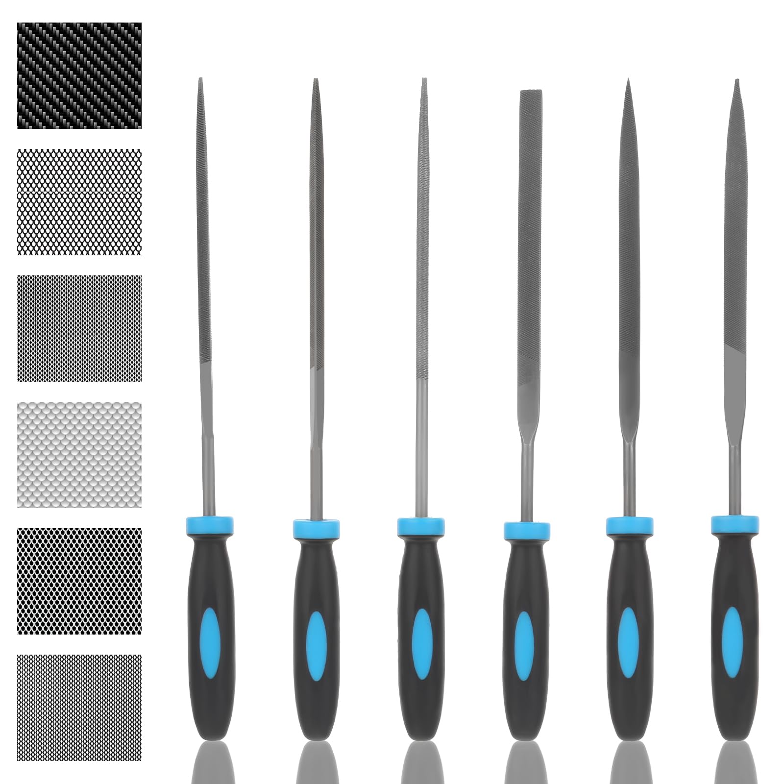 simarro 6 Pieces Metal File Set, Professional Carbon Steel File with Handle File Tool Needle File Set includes Flat, Flat Warding, Square, Triangular, Round, and Half-Round File
