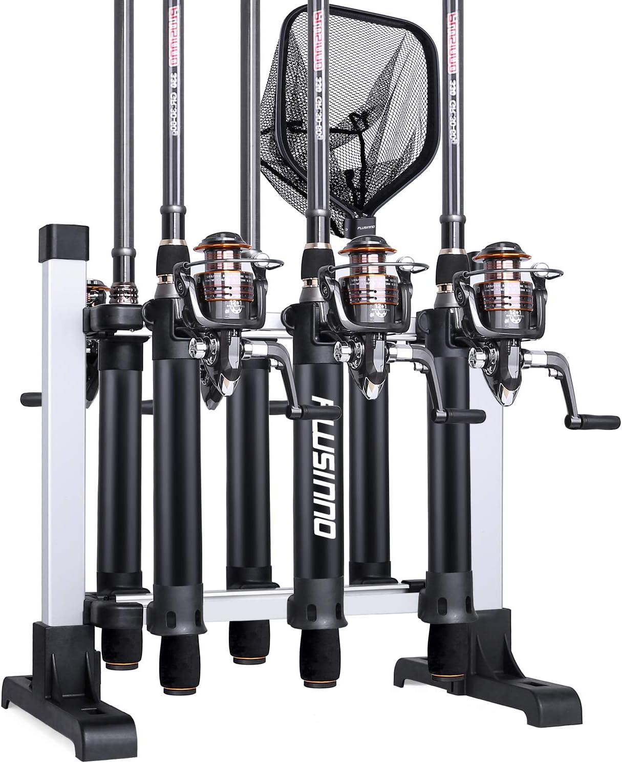 PLUSINNO Portable Fishing Rod Rack, Fishing Rod Holder Storage Organizer, Metal Aluminum Alloy Fishing Pole Ground Stand Display for Freshwater Salterwater Combos Gear Garage, Holds Up to 6 Rods