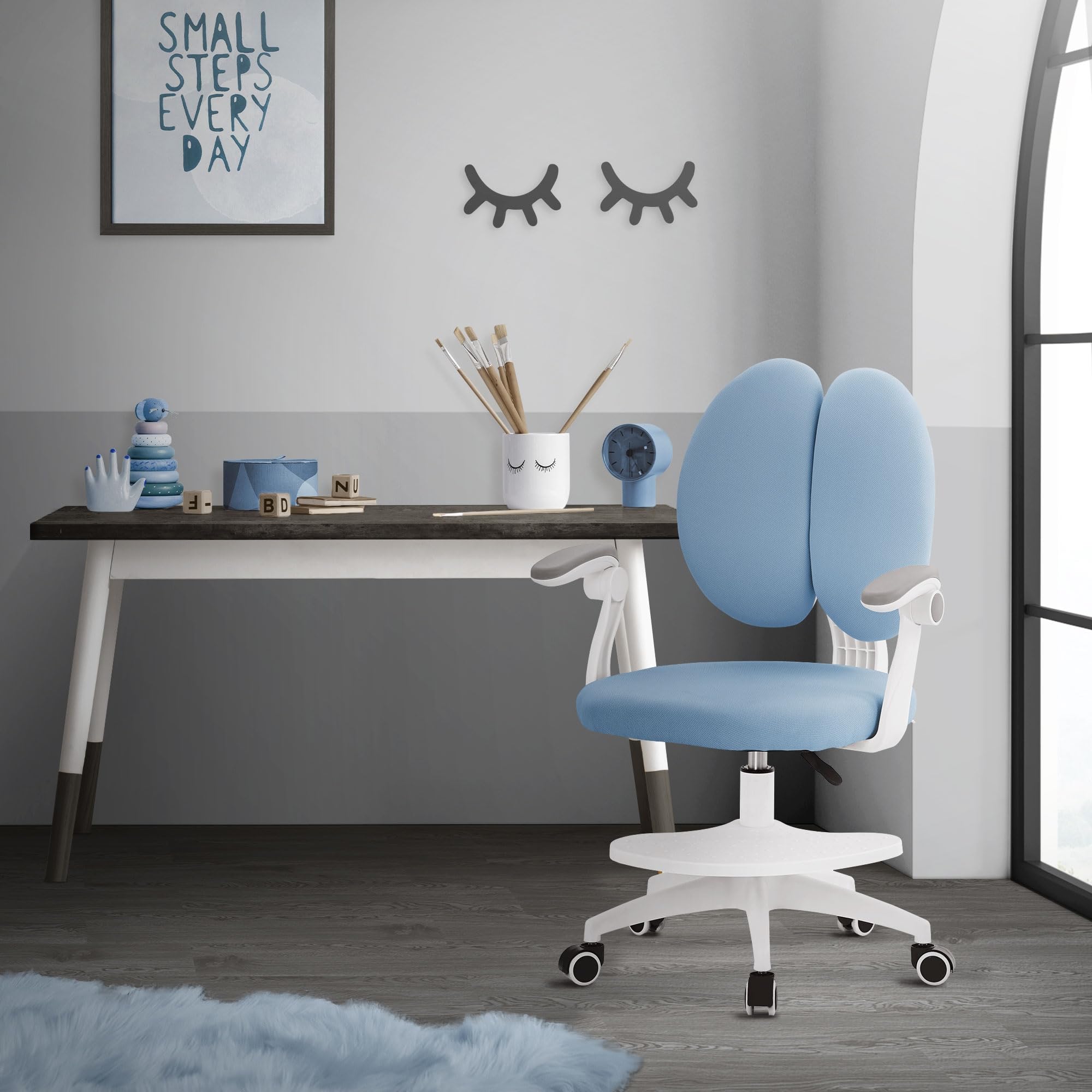 ML-Design Chaise de Bureau pour Enfant, 95-107 cm Bleu avec Dossier Divisé et Repose-Pieds, Fauteuil d'Étude Ergonomique Pivotant à 360°, Hauteur Réglable, Accoudoirs Rabattables, Tissu Respirant