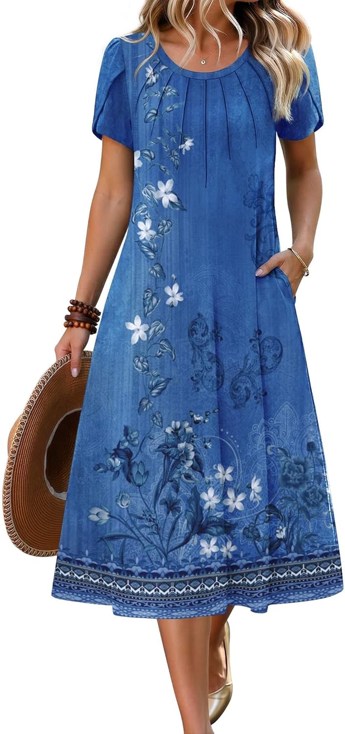 Zeagoo Womens Casual Summer Dress 2026 Petal Short Sleeve Dresses with Pleats Midi A Line Flowy Dress Boho Sundress