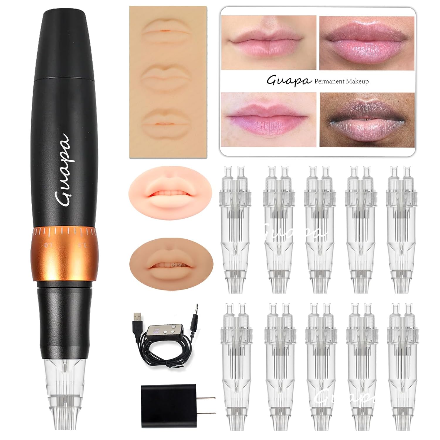 Fast Lip Blush Permanent Makeup Machine Kit with 8-Pin Needles System for ombre powder brows, lip blush tattooing, or large-area shading (Machine Kit)