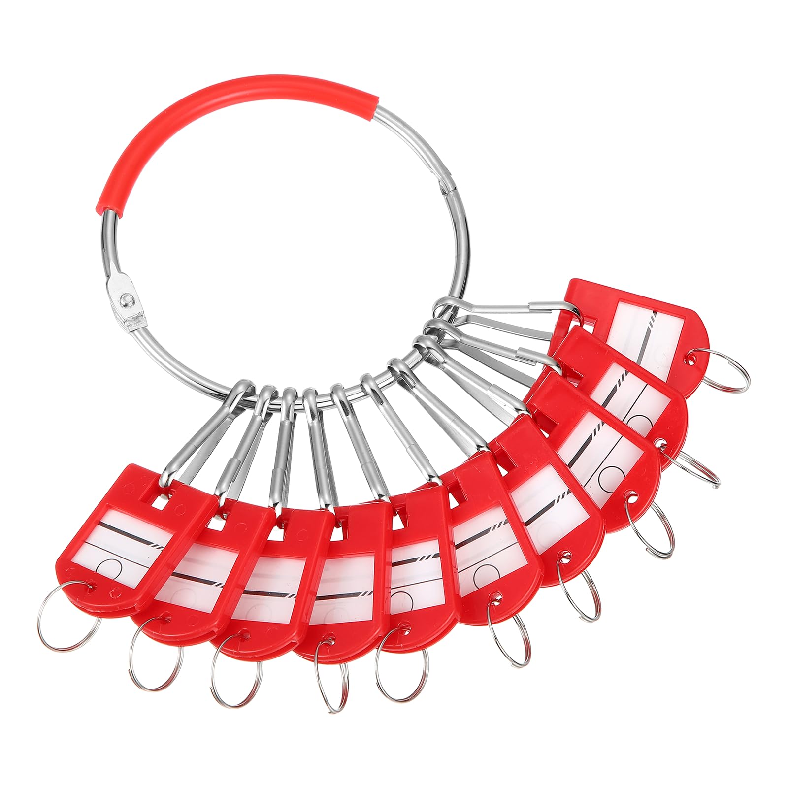 PATIKIL 10Pcs Key Tags with Labels, Portable Key Organizer Metal Ring with 10Pcs Individual Spring Hooks Keychain Markers Tags Identifiers Holder and Plastic Handle for Hotel Office, Red