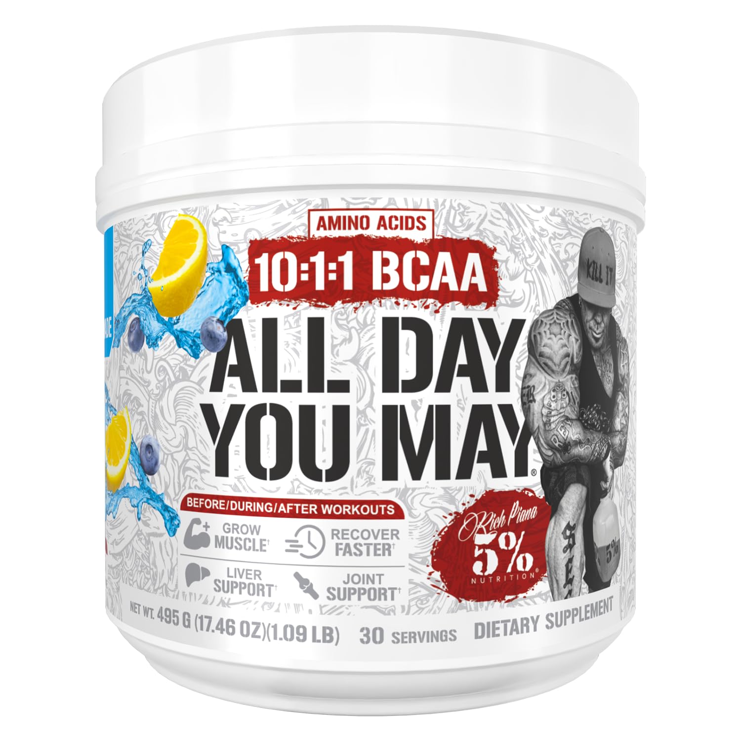 5% Nutrition Rich Piana AllDayYouMay BCAA Powder Premium Intra & Post Workout Amino Acids, Hydration, Endurance, Muscle Recovery, Joint & Liver | 17.5 oz, 30 Servings (Blueberry Lemonade)