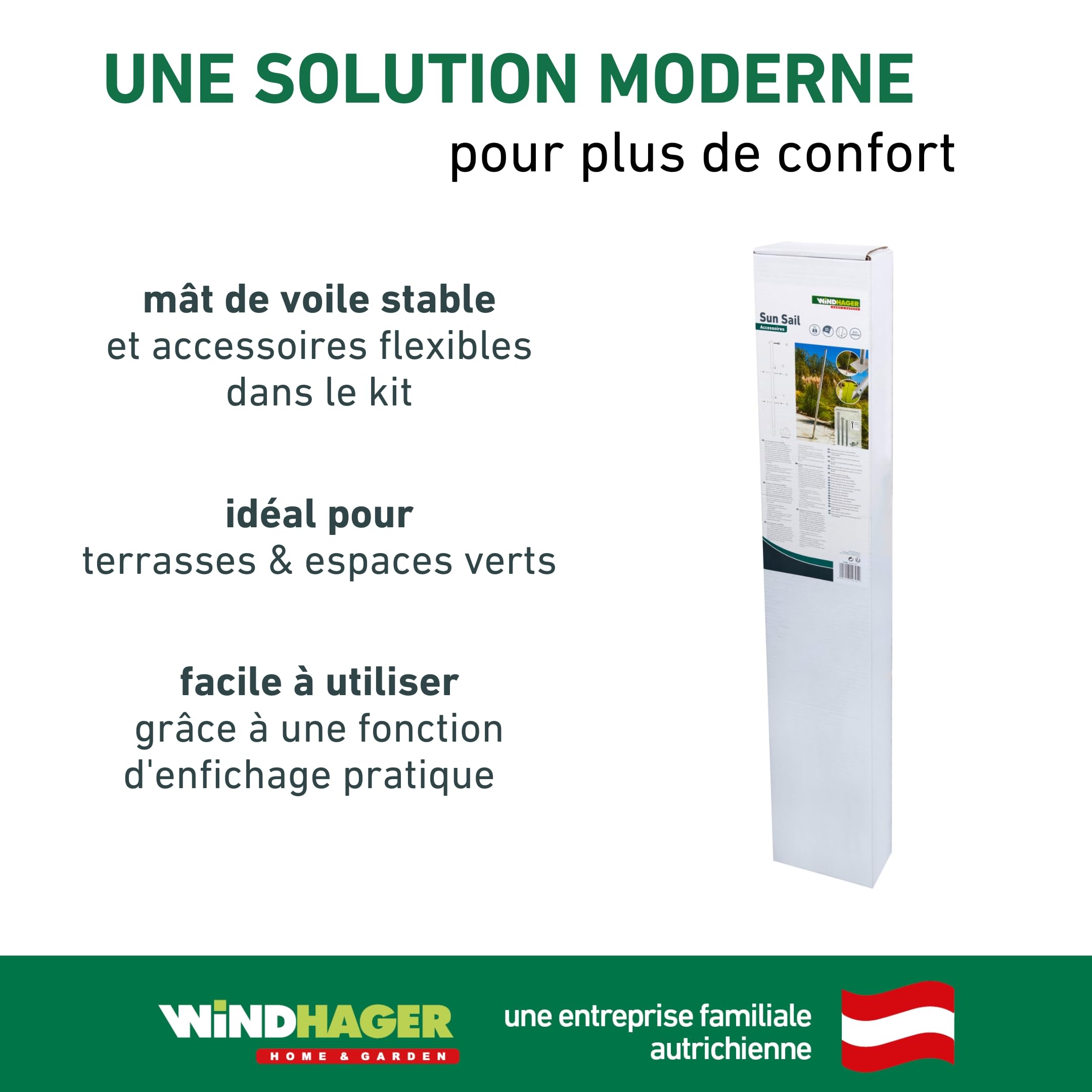 Windhager mât de voile solaire - poteau de voile d'ombrage - mât en acier - barre de support - inoxydable - hauteur de mât max. 243 cm