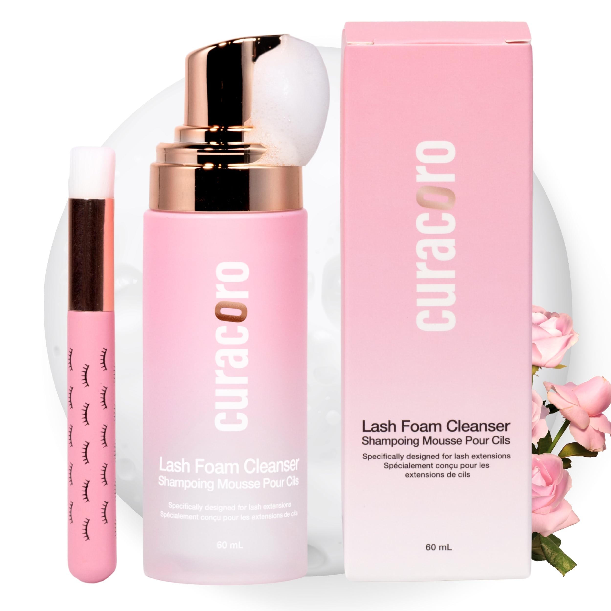 CURACORO 60ML Eyelash Extension Cleanser (Rose Scented) - Lash Shampoo for Lash Extensions, Eyelash Extension Foam Cleanser for Sensitive Skin,