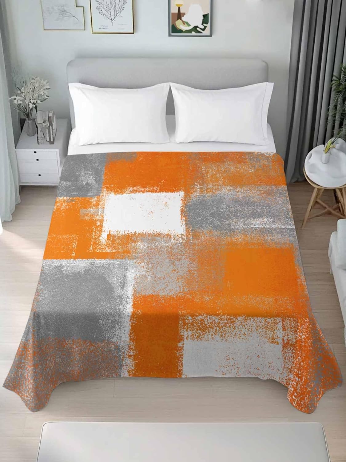 Top Sheet King Bedding Flat Sheet Only, Orange Gradient Oil Painting Style Microfiber Bed Sheets Soft Breathable Bedding Flat Sheets, Gray Color Block Hotel Luxury Top Sheets