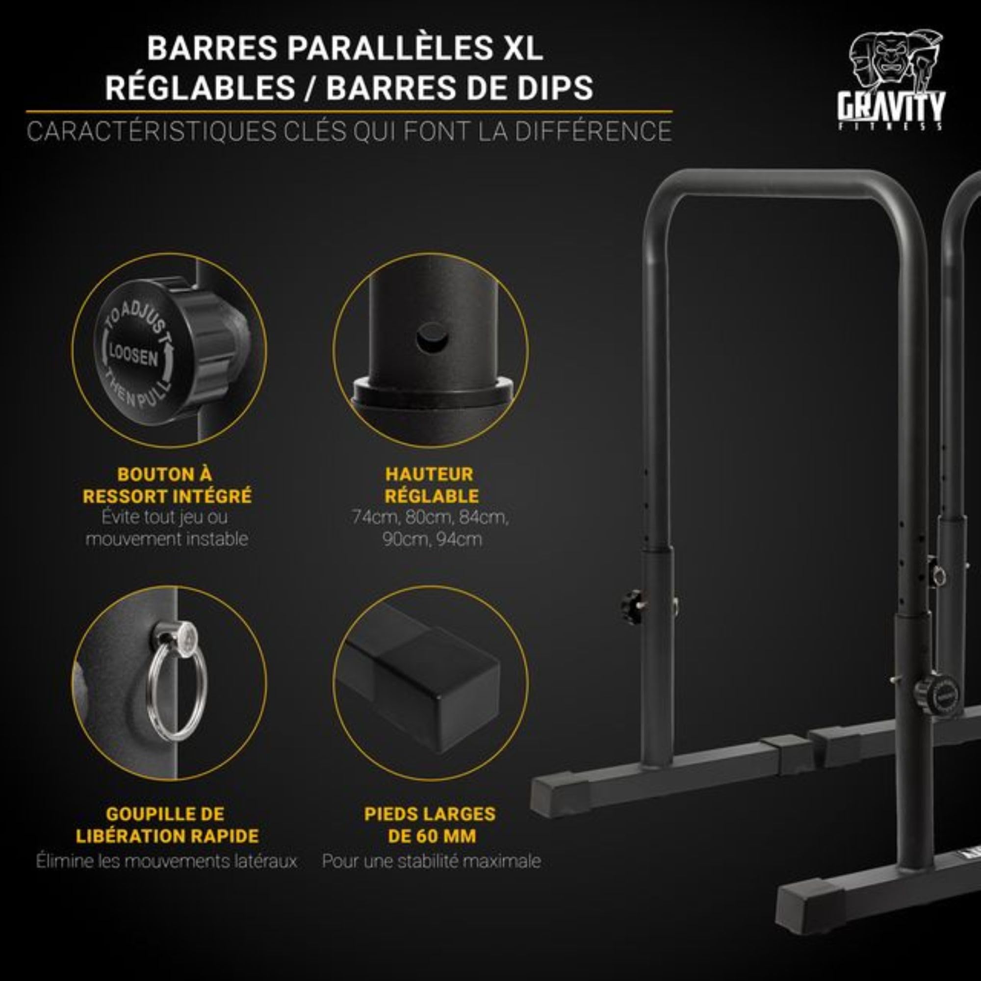 Gravity Fitness Barres de Dips XL - Meilleures Parallettes pour Calisthénie, Musculation Maison & Gym - Barres Ajustables 38mm pour Dips, Entraînement Calisthenics, Parallettes Fitness