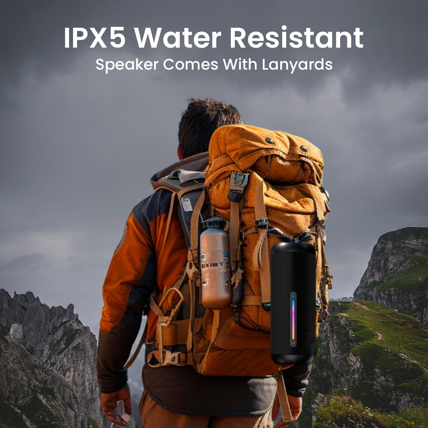 A person hiking with a Portronics Breeze 6 speaker attached to their backpack, demonstrating its IPX5 water resistance and portability with lanyards.