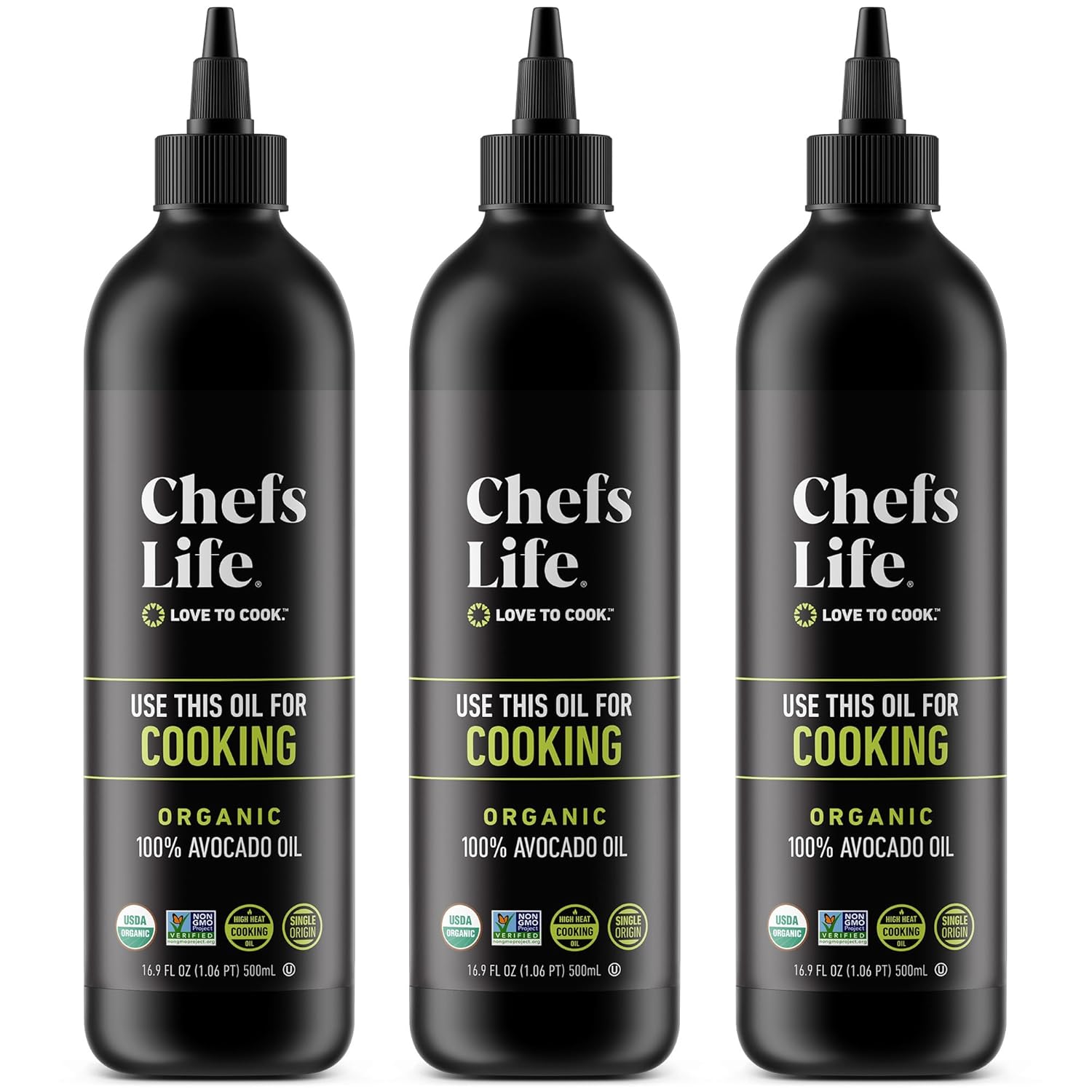 Chefs Life Organic Avocado Oil 3-Pack - 100% Pure Single Origin Non-GMO for High-Heat Cooking, Dressings & Drizzling - 16.9oz Squeezable Bottles