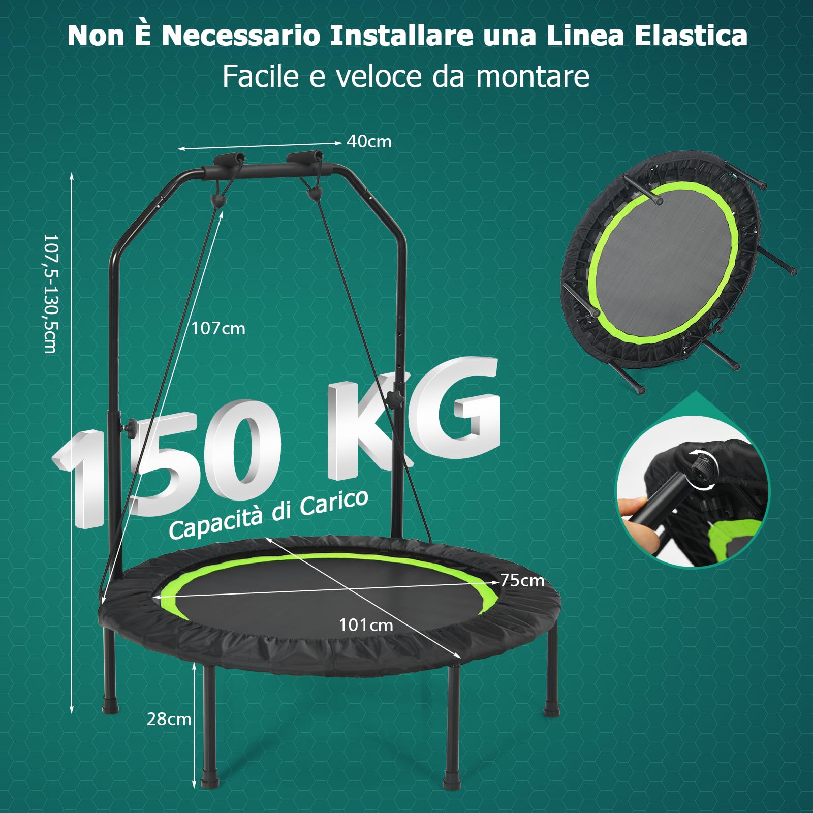 GYMAX Mini Trampolino Elastico Fitness, con 6 Supporti, 2 Cordini Elastici e Manubrio, Design Pieghevole e 4 Altezze Regolabili, Per Casa, Palestra, Blu