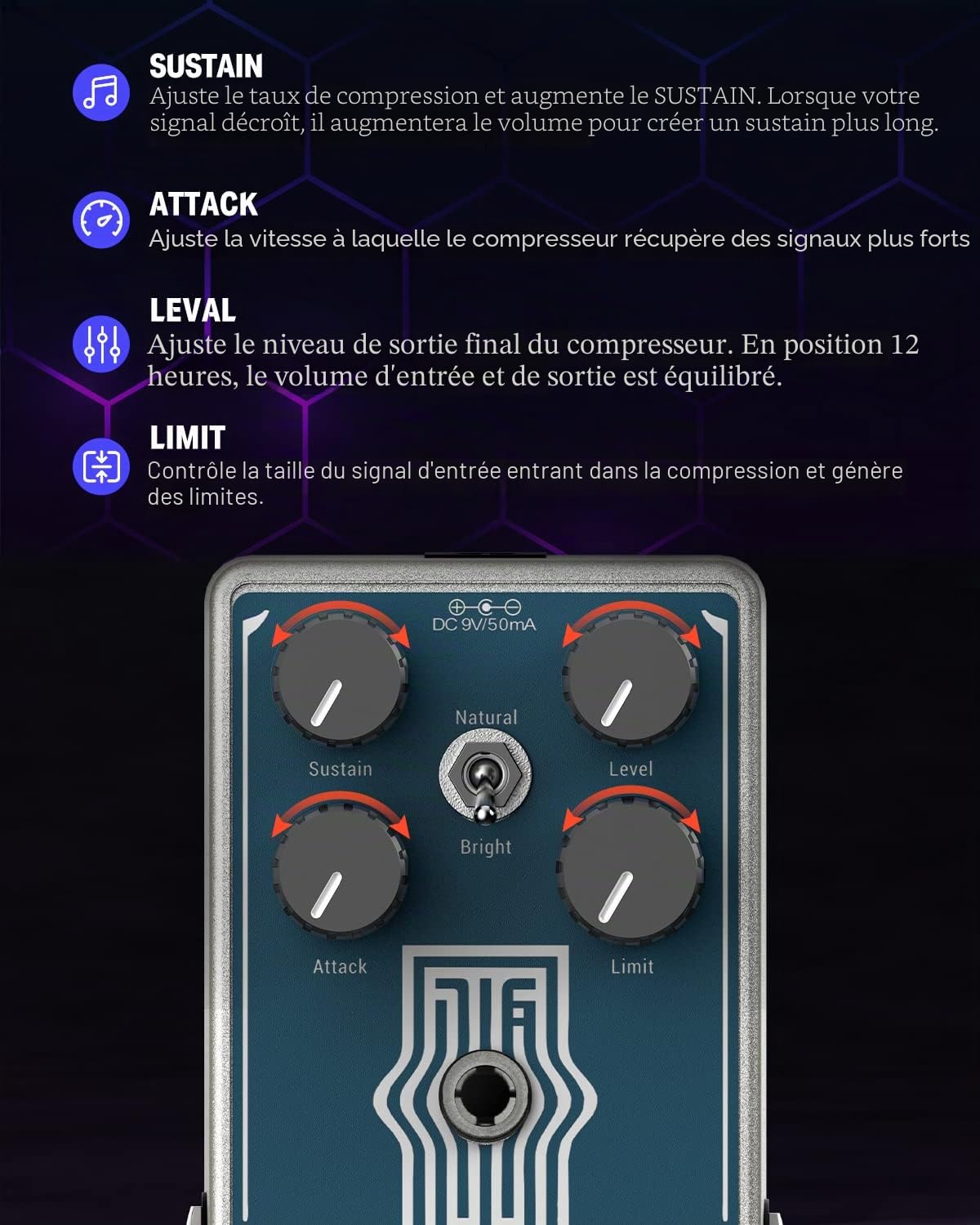 Pédale compresseur Donner pour guitare, Lax Comp pour guitare électrique et basse, compresseur style peak limiter avec boost EQ 2 bandes et véritable bypass analogique pur