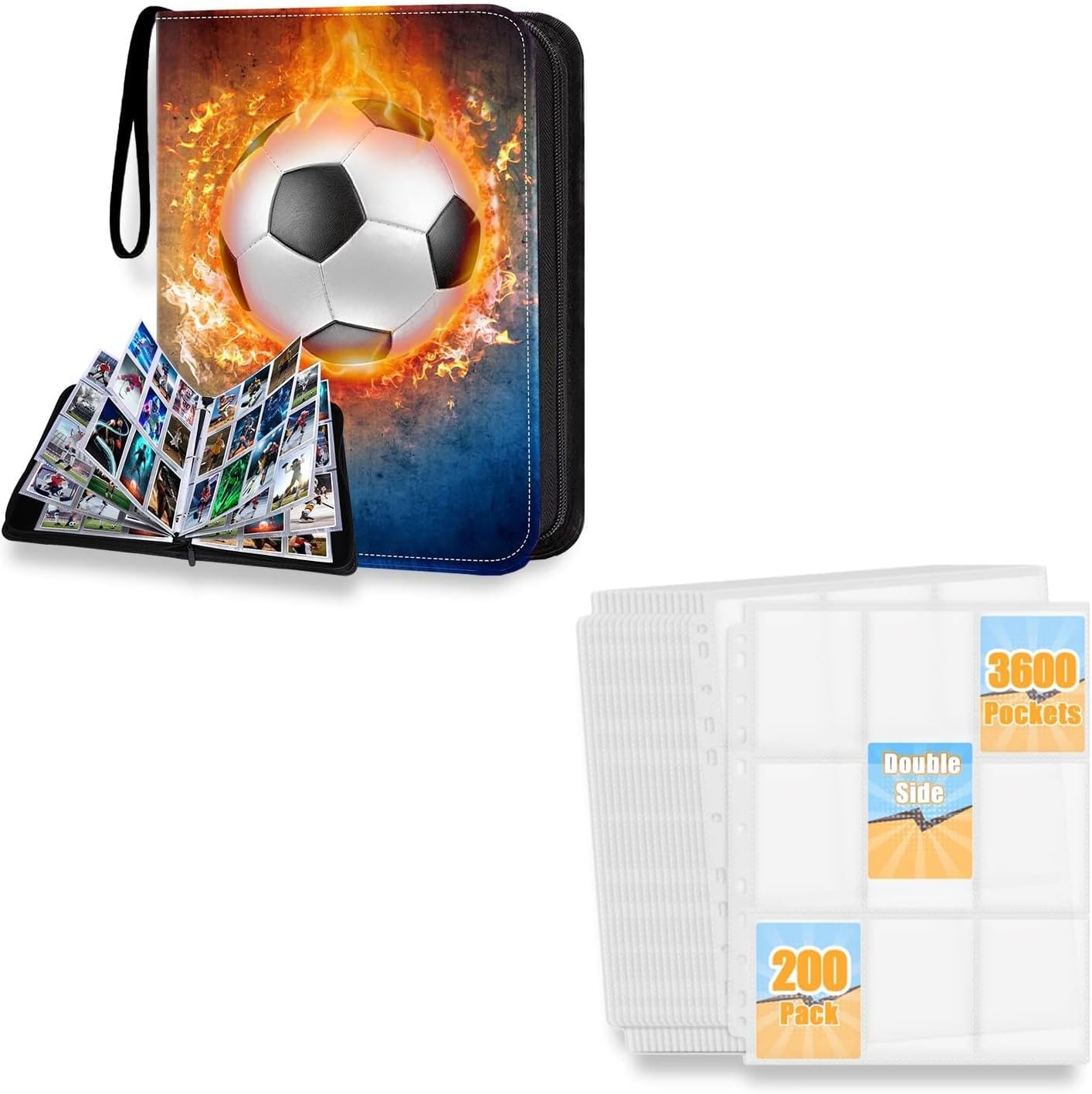 HESTECH Soccer Card Binder and 200 Pack Trading Card Binder Sleeves,900 Pocket Soccer Card Holder and Premium Protector Pages for 3 Ring Binders, Compatible with Sports, TCG, Business & Gaming