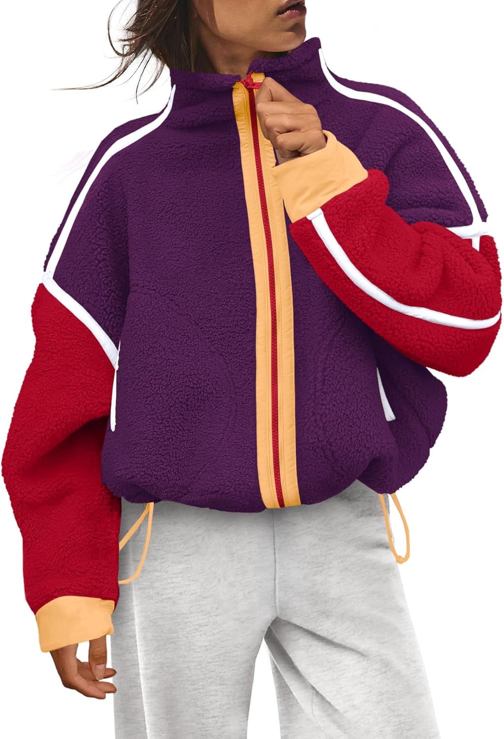 LAMISSCHE Zip up Fleece Jacket Women Oversized Mock Neck Sherpa Sweatshirt Striped Long Sleeve Pullover with Pockets