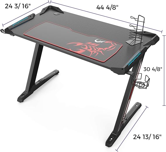 It's_Organized Z1-S Gaming Desk 44.5 inch Z Shaped Home Office Workstation PC Computer Gamer Table with RGB LED Lights Mouse Pad Handle Rack Cup Holder Headphone Hook, Black