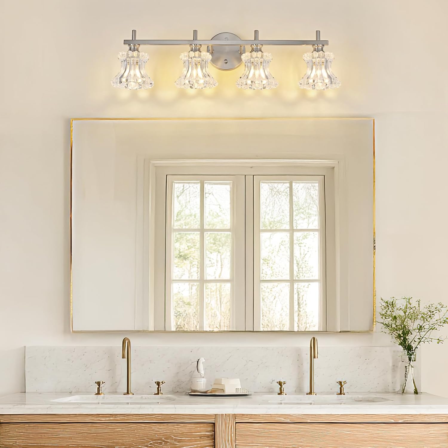 Brused Nickel Bathroom Light Fixture 4-Lights Vintage Vanity Lights Gold Plating Finish Bathroom Lighting Fixtures Over Mirror with Thick Glass Shade for Hallway,Living Room,Bedroom