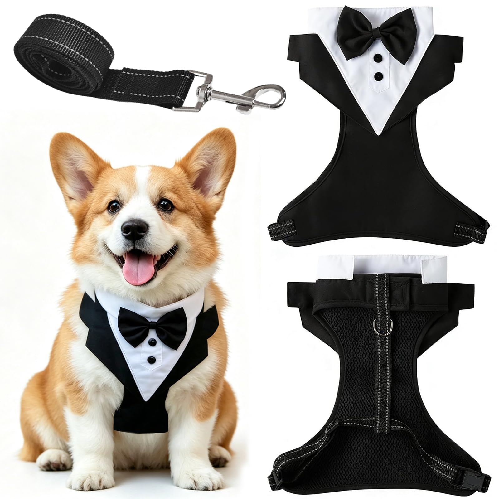 XoeLLe Dog Wedding Outfit Formal Dog Bow Tie Harness with Leash Black XL