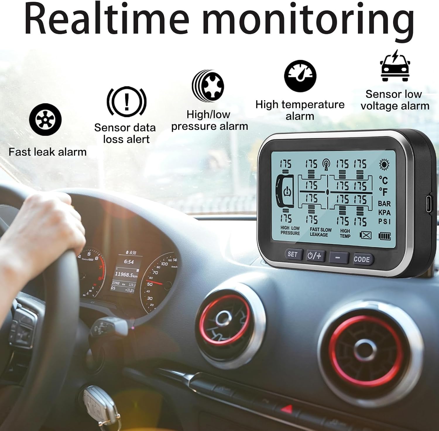 RV Tire Pressure Monitoring System, (0-199PSI) TM6 Trailer TPMS, 6 Alert Modes, Signal Booster, Long Distance Signal Transmission, for RV Trailer Truck semi-Trailer（10 Sensors