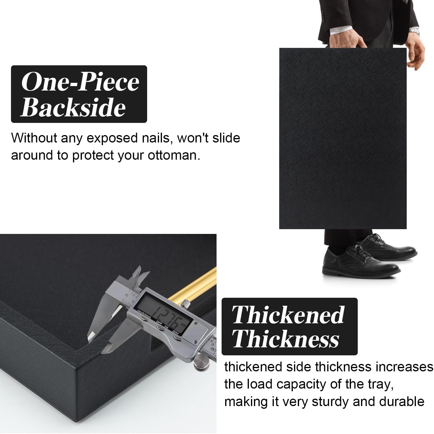 Black Rectangle Serving Tray with Gold Handles for Party,Large Wood Decorative Tray for Ottoman,Faux Leather Coffee Table Tray Decor - Image 4