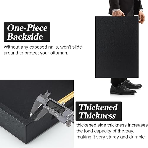 Miniatura 4 de Bandeja rectangular negra con asas doradas para fiestas, bandeja decorativa de madera grande para otomana, bandeja decorativa de cuero sintético