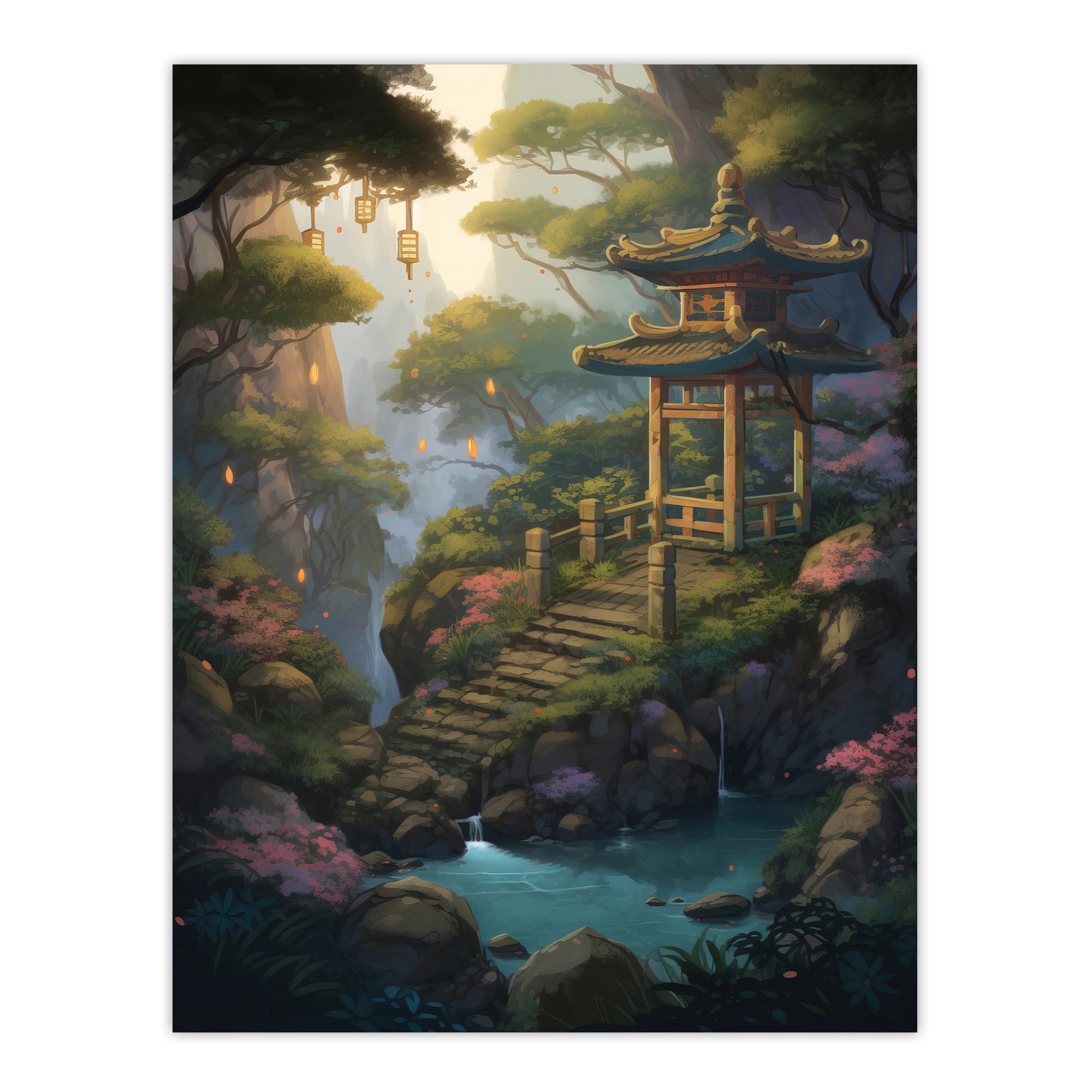 Artery8 Japan Garden Wall Art Print - Traditional Tower Lanterns Lake Poster - Green - W18" x H24"