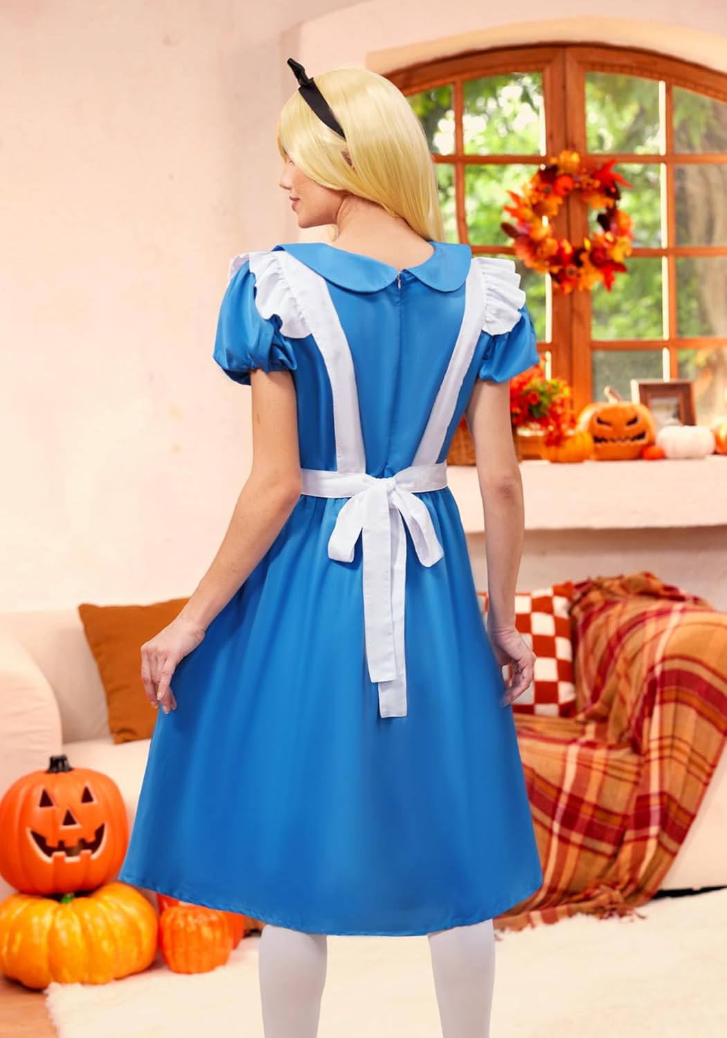Womens 6Pcs Halloween Blue White Puff Sleeve Dress with Wig Apron Headband Socks XS-XXL - Image 6