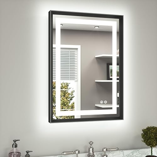 Miniatura 39 de TETOTE Espejo LED de baño de 24 x 32 pulgadas, marco de metal dorado cepillado frontal y retroiluminado, espejo de tocador antiniebla, regulable Oro