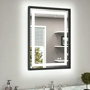 TETOTE 20 x 28 Bathroom LED Mirror Brushed Black Metal Frame Frontlit & Backlit Vanity Mirror Anti-Fog Stepless Dimmable 3 Colors White/Warm/Natural Wall-Mounted