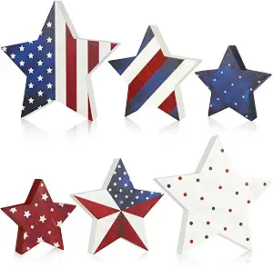 4th of July Wooden Star Decorations Set of 6, Red, White & Blue Patriotic Tiered Tray Decor