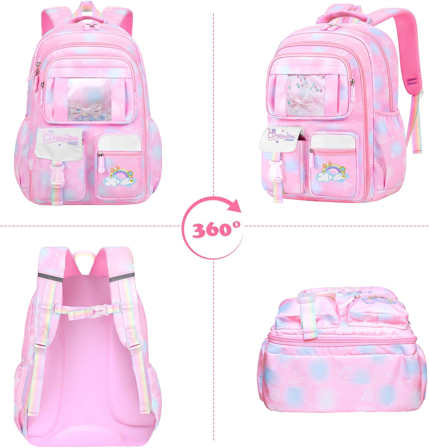 3PCS SET kids backpacks for girls, bookbag for girls backpack with lunch box Pencil Pouch Set back to school supplies for Kid, School backpack for girl Elementary School Student(PINK)