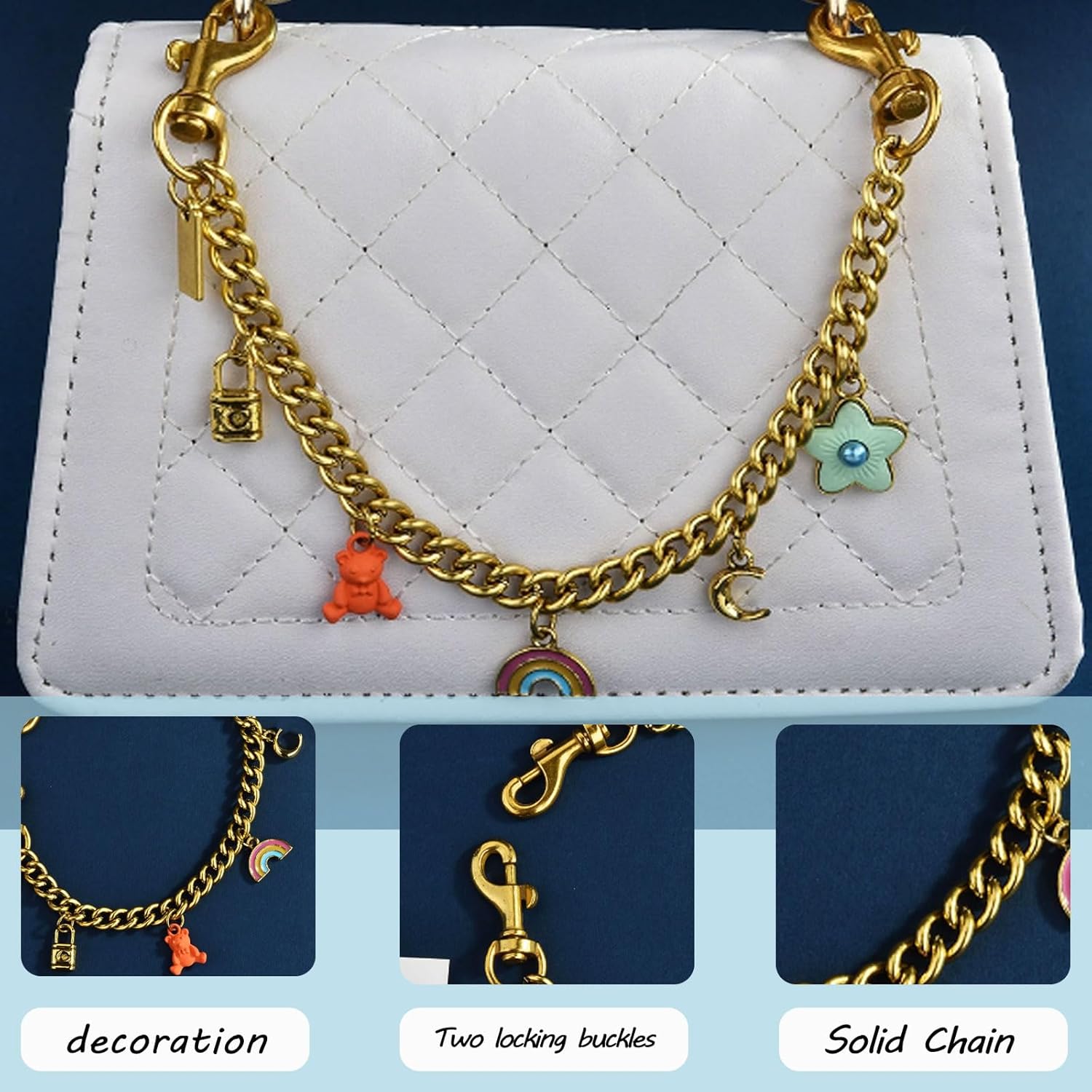 Metal Lock Bear Rainbow Flowers Wallet Chain Keychains Bag Charms Cute Purse Charms Purse Accessories For Women (gold) - Image 3