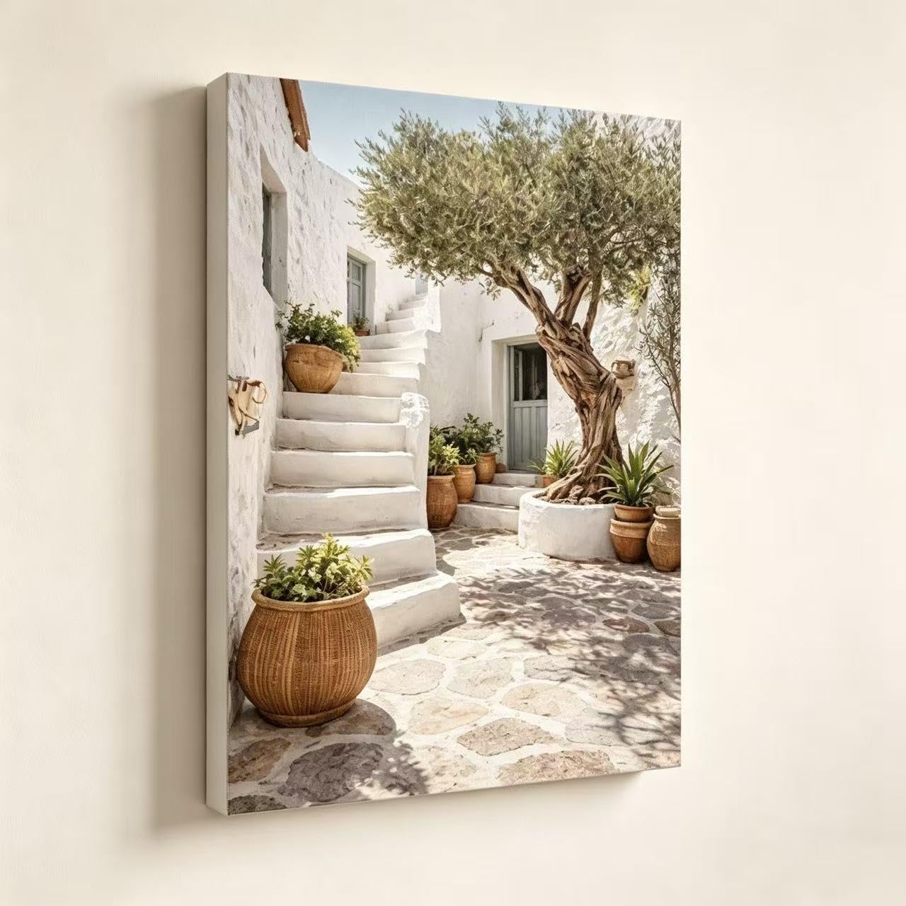 Qcdxfgdfh White Stair Olive Tree Wall Art, Rustic Mediterranean Village Courtyard Landscape Canvas Print(30x40cm/Inner frame)