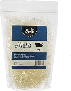 Herb Affair Clear Empty Gelatin Capsules Size 1-1000 Count – Holds 300-600mg - Great for Dogs and Kids Medication - Works with Most Capsule Fillers