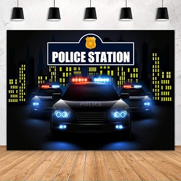 Police Station Party Backdrop Police Car Badge Photography Background Black Photo Booth Props Banner Birthday Party Supplies Cake Table Decoration 7x5ft