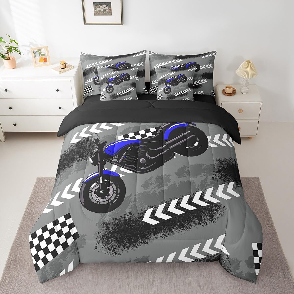 jejeloiu Dirt Bike Comforter Set Full Size for Boys Girls Teens 7 Pieces