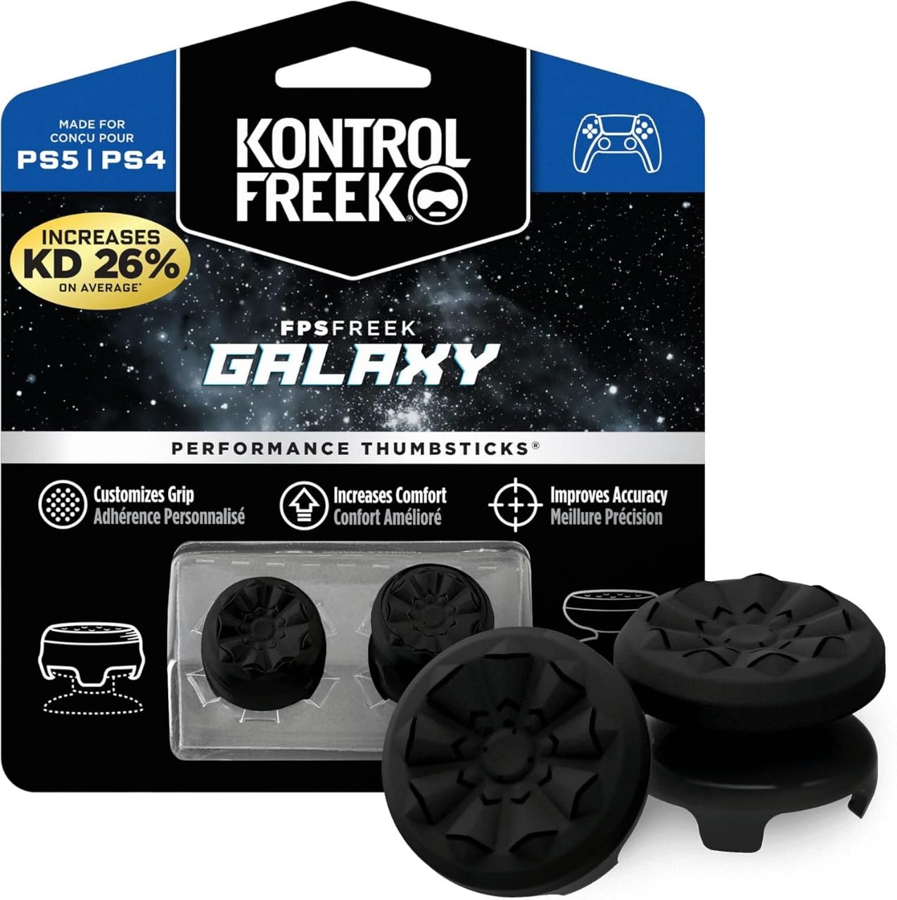 GET IN THE GAME – FPS Freek Galaxy Black (Limited Edition) Thumbsticks for PS4 & PS5 | Precision Aim Enhancer | 1 High-Rise + 1 Mid-Rise | Performance Grip | Black