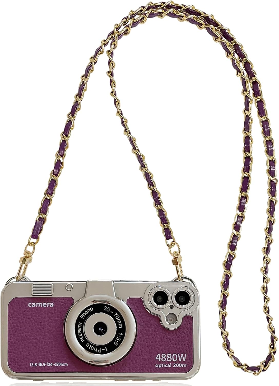 Fun Case Compatible with iPhone 16 Pro Max,Unique Cute 3D Cartoon Retro Camera Look with Long Lanyard Leather+Soft TPU Shockproof Protector for iPhone 16 Pro Max Purple