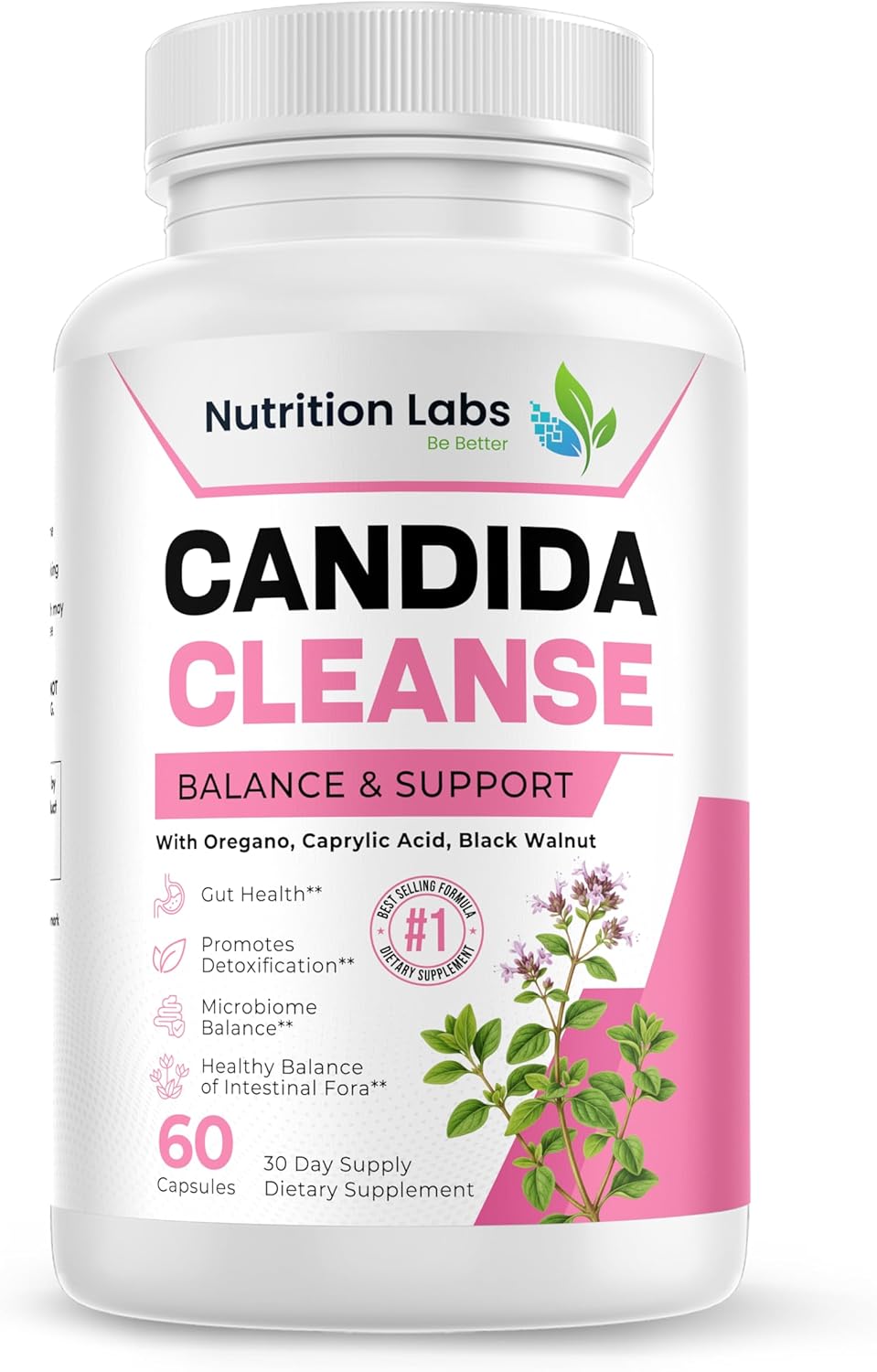Candida Cleanse Supplement for Balance & Support, Candidase Detox, Women & Men. Gut Health & Flora, pH Level, Intestinal Health. Lactospore® Probiotics. Anti Yeast Overgrowth W/ Oregano, Caprylic Acid