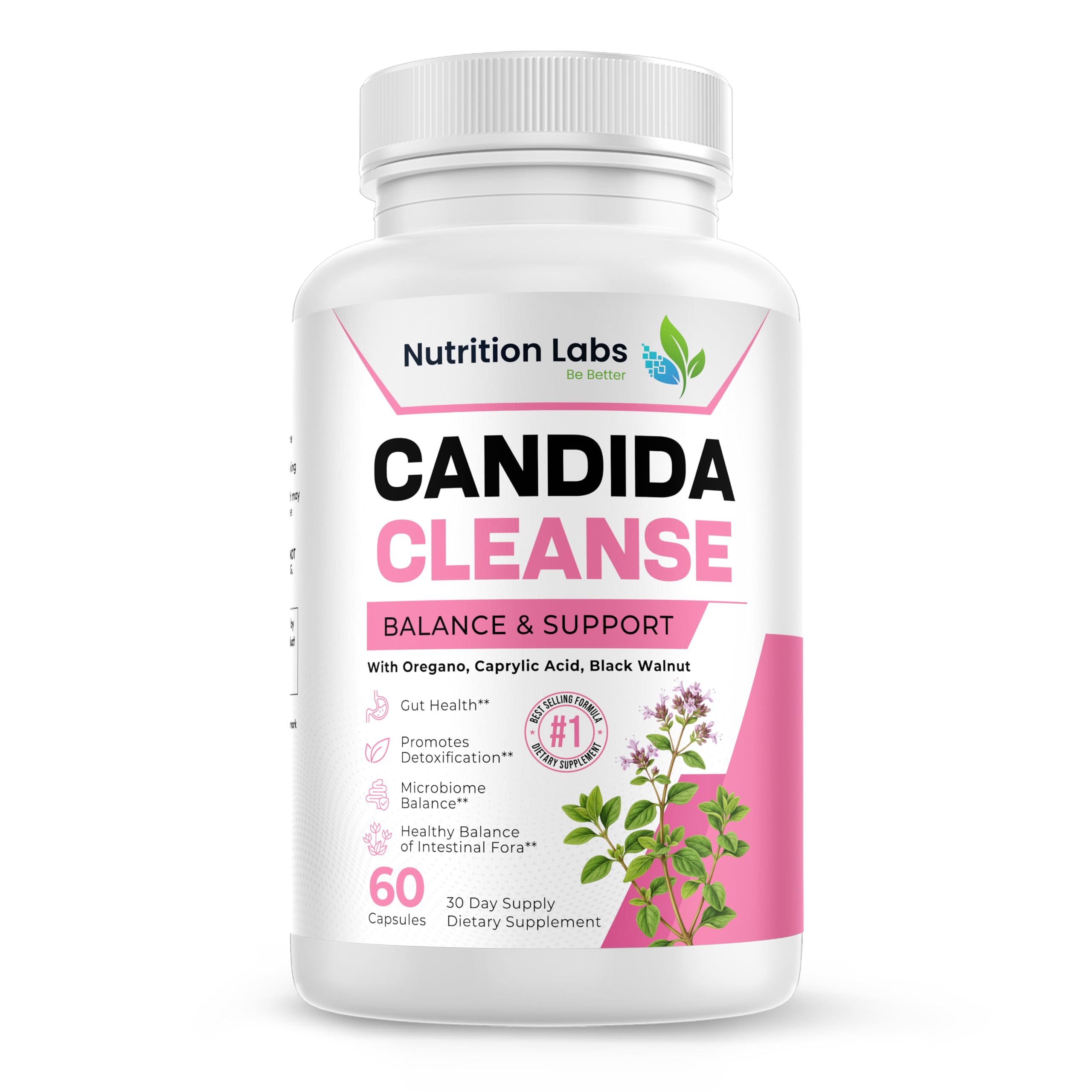 Candida Cleanse Supplement for Balance & Support, Candidase Detox, Women & Men. Gut Health & Flora, pH Level, Intestinal Health. Lactospore® Probiotics. Anti Yeast Overgrowth W/ Oregano, Caprylic Acid