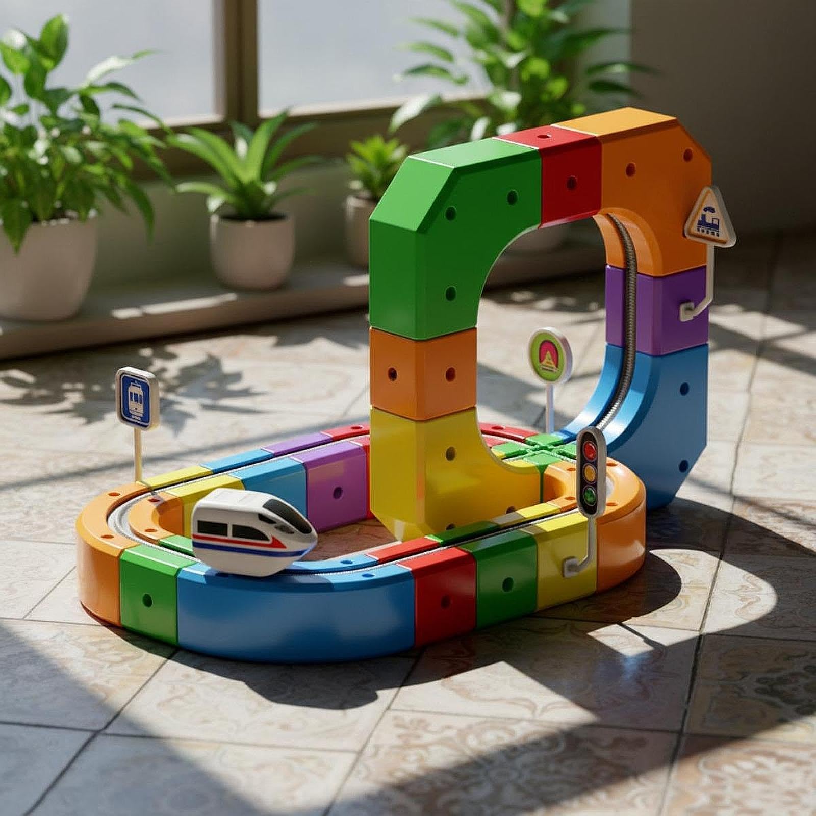 Mini Elektro Spielzeugeisenbahn Set mit Gebogener Rampe, Austauschbarem Zubehör, Sicherem PP Material, Geeignet für Familienspiele, Kreatives Kinderge, 51 Stück