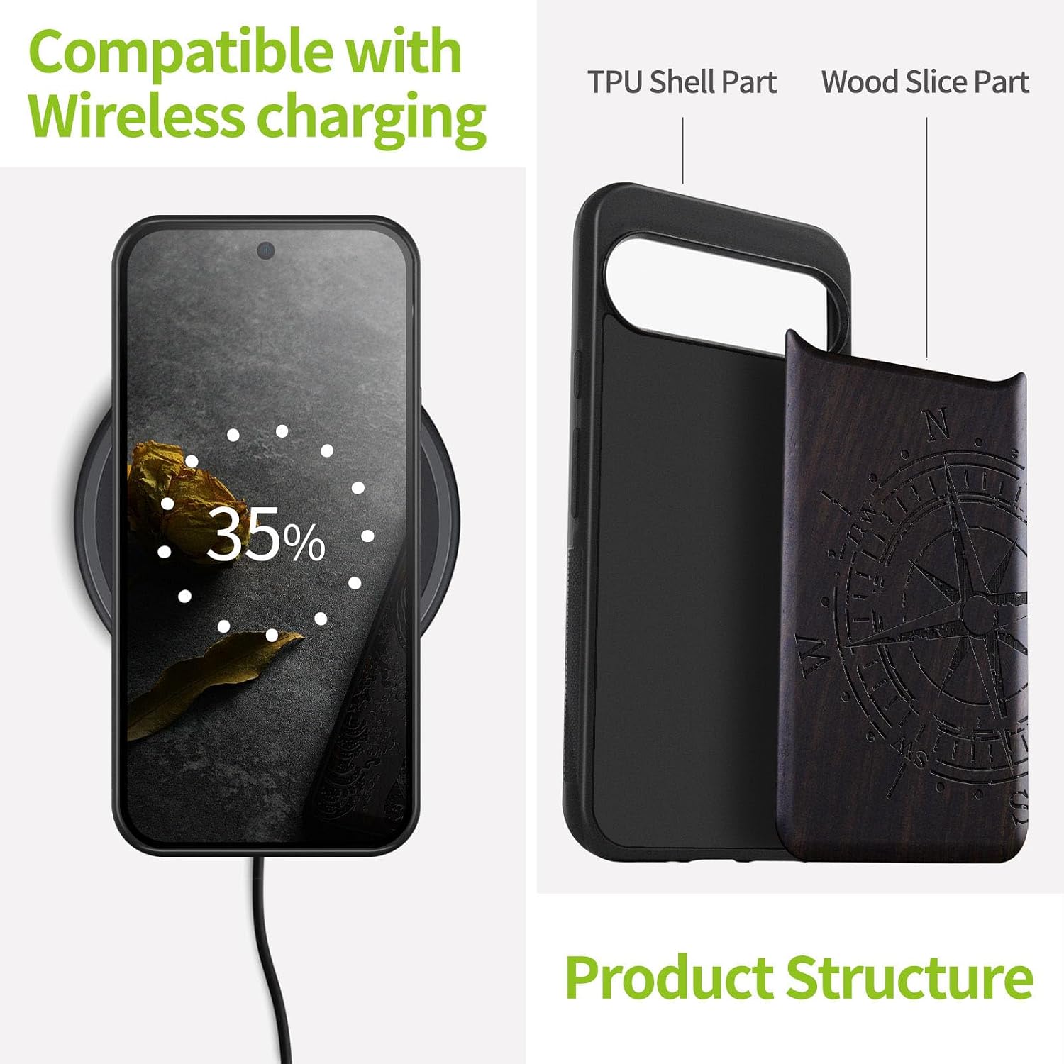 Carveit Wood Case for Pixel 9 Pro Case [Natural Wood & Black Soft TPU] Shockproof Protective Cover Unique Wooden Design Compatible with Google Pixel 9 Pro (The Incomplete Compass-Blackwood)