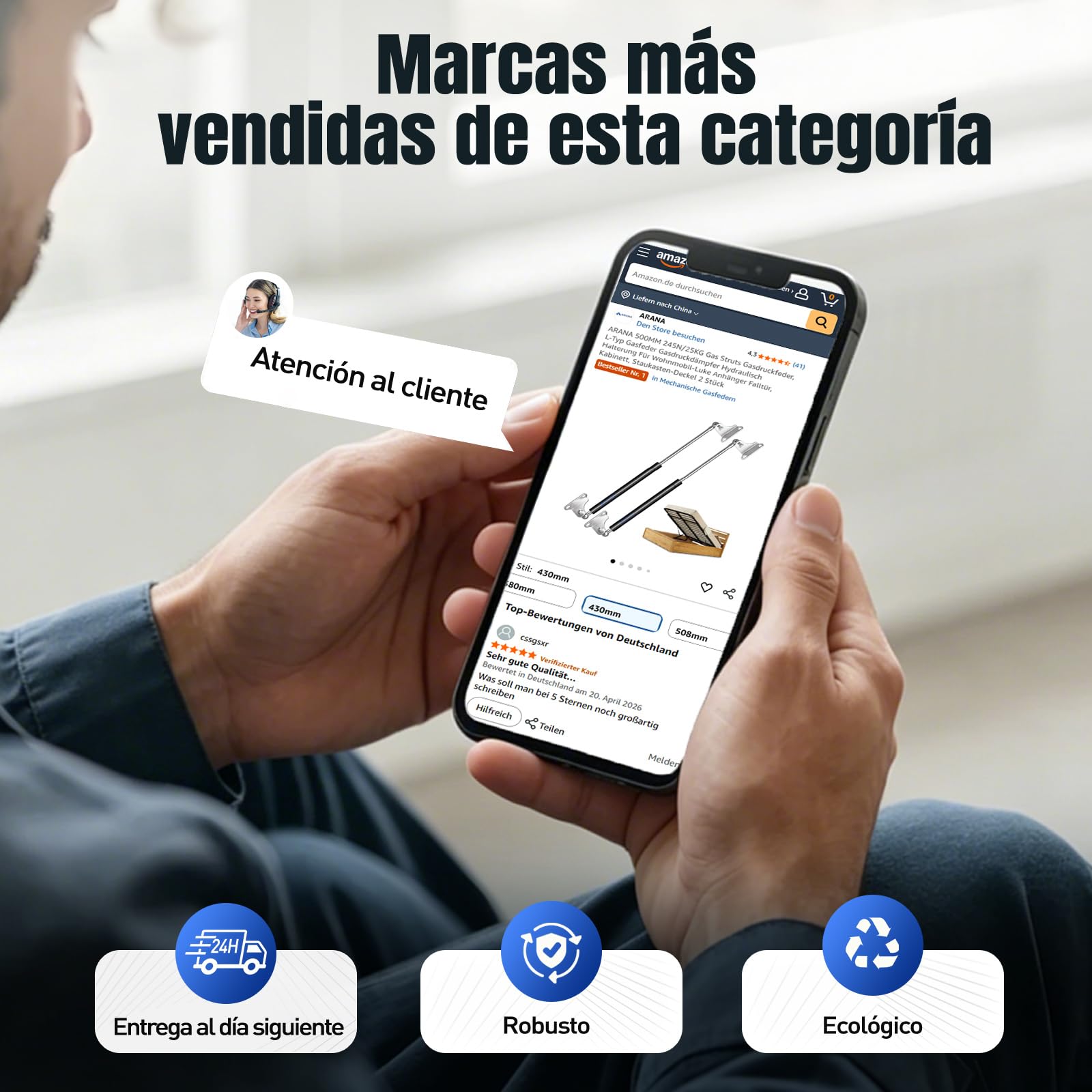 ARANA muelles de gas amortiguadores 430mm 534N/54KG con soporte, 2ud | 43cm Muelle de gas con soporte hidráulico para tapas, autocaravanas, cubos, ventanas y escotillas.