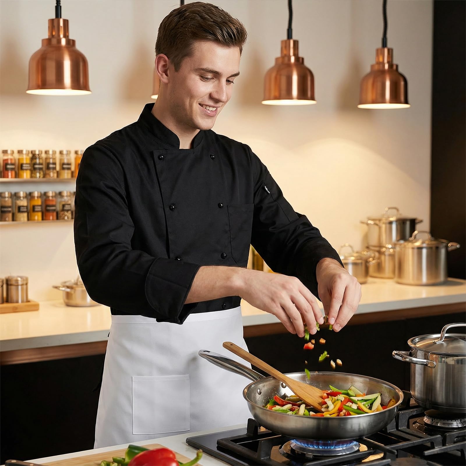 Kapelusz szefa kuchni i pół fartuch bistro, regulowany bawełniany fartuch kuchenny na szelkach, kostium do gotowania i mundur do codziennego użytku, biały półfartuch i czapka szefa kuchni do