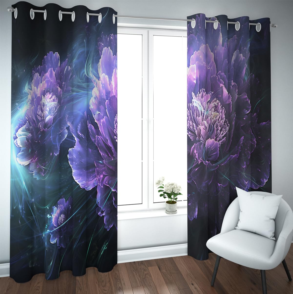 Rideaux occultants à motif floral violet en tissu lourd à œillets