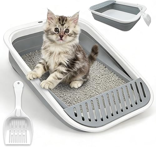 Miniatura 9 de BNOSDM Caja de arena plegable para gatos pequeña para gatitos, bandeja para orinal abierta, inodoro plegable para gatos con cuchara, cajas de arena