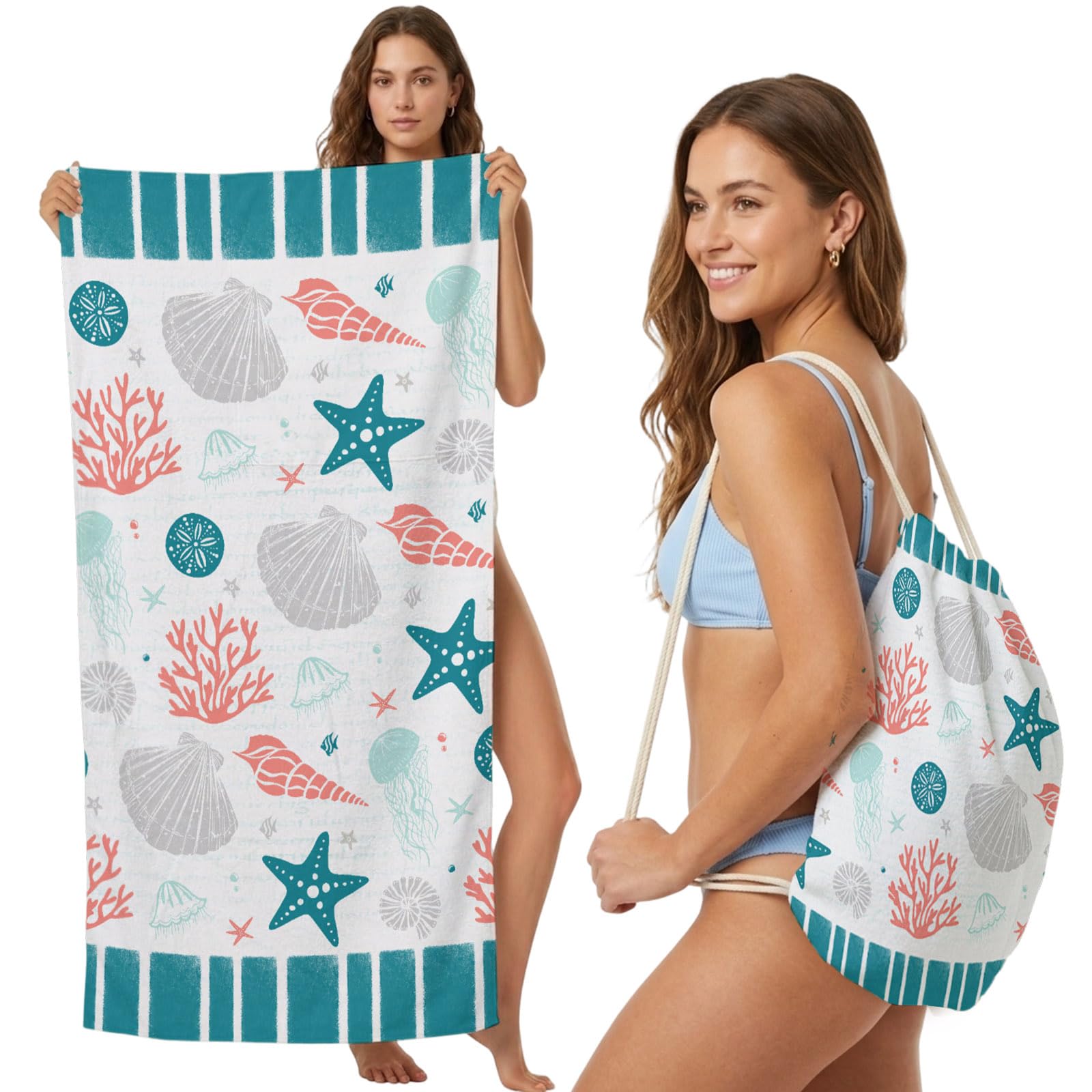 FWJZDSP Beach Towel Backpack Convertible Turquoise Starfish Shell Sand Free Quick Dry Towel Bag Ocean Jellyfish Coral Stripe Beach Towel with Adjustable Straps for Travel Swimming Pool 31.5x63in