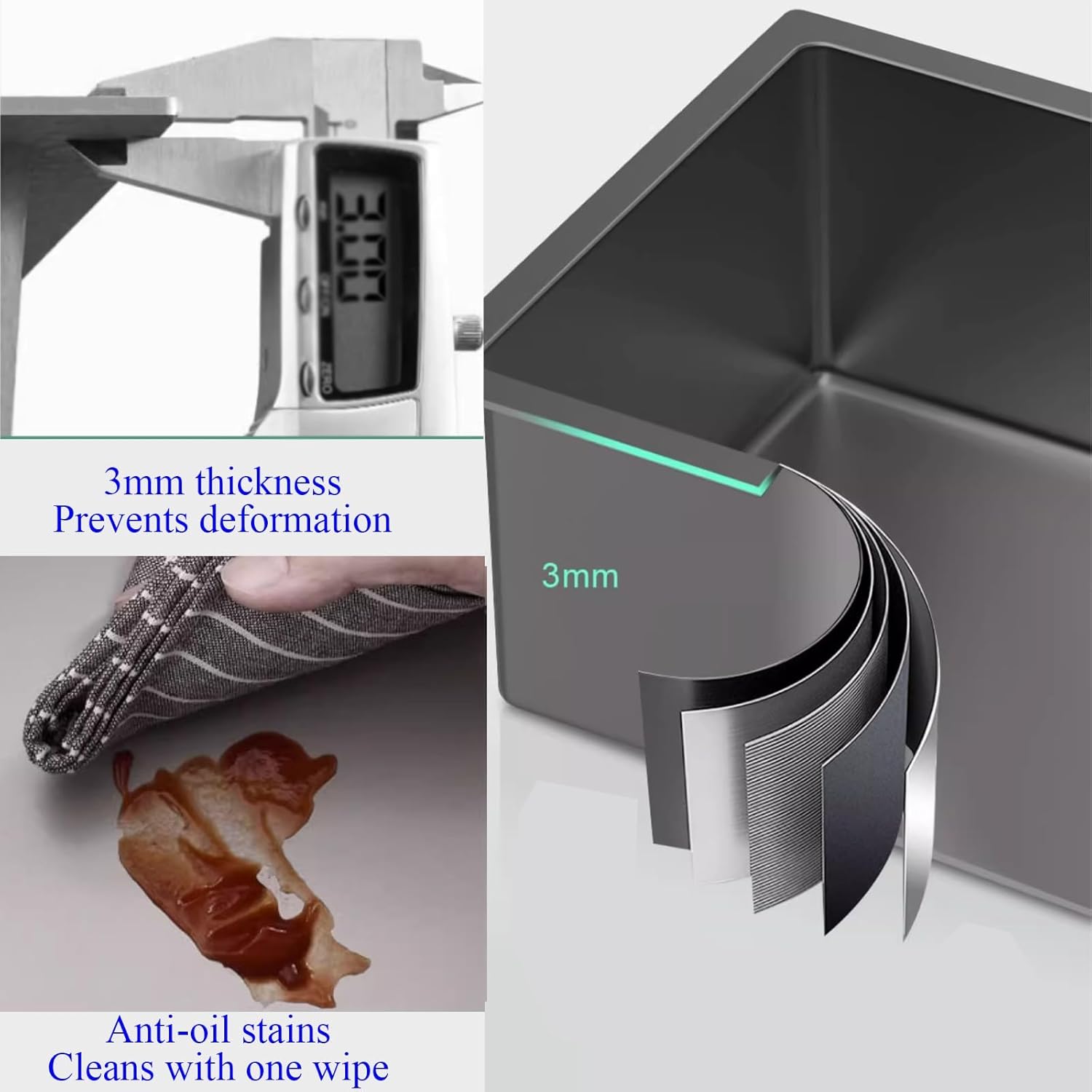 An image illustrating the 3mm thickness of the sink material and its multi-layered construction, alongside a hand wiping away a stain, demonstrating its anti-oil stain properties.