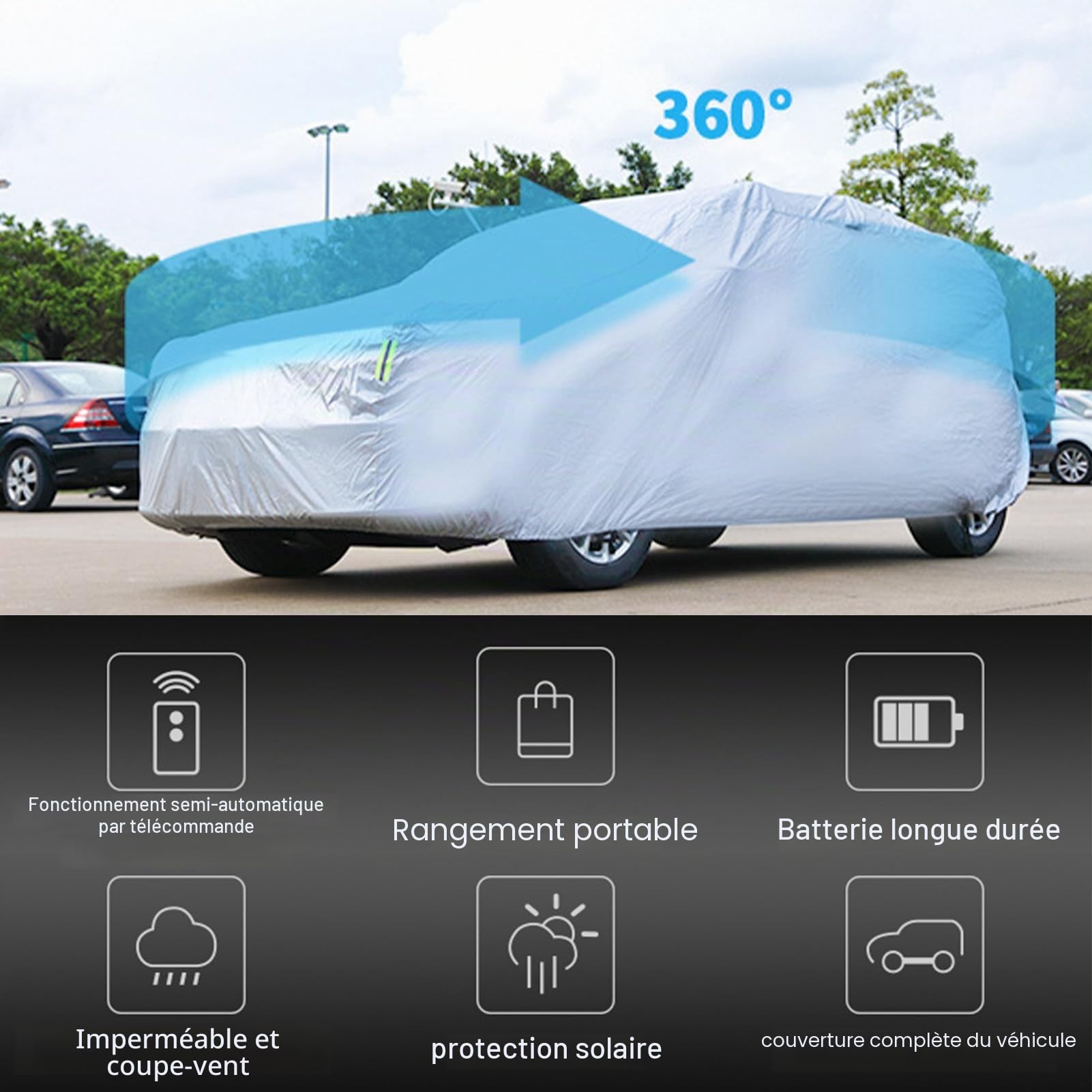 Housse de voiture rétractable universelle, coupe-vent, anti-neige, protection UV, batterie amovible