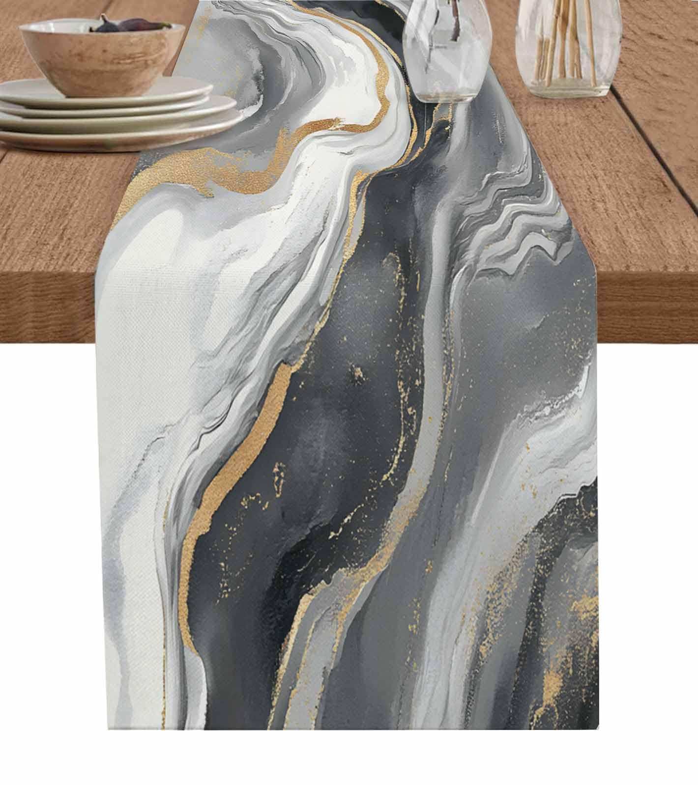 Marble Black Grey Table Runner-Cotton Linen- 36 Inch Holiday Dresser Scarves, Abstract Gradient Gold Ocean Waves Tablerunner for Kitchen Coffee/Dining