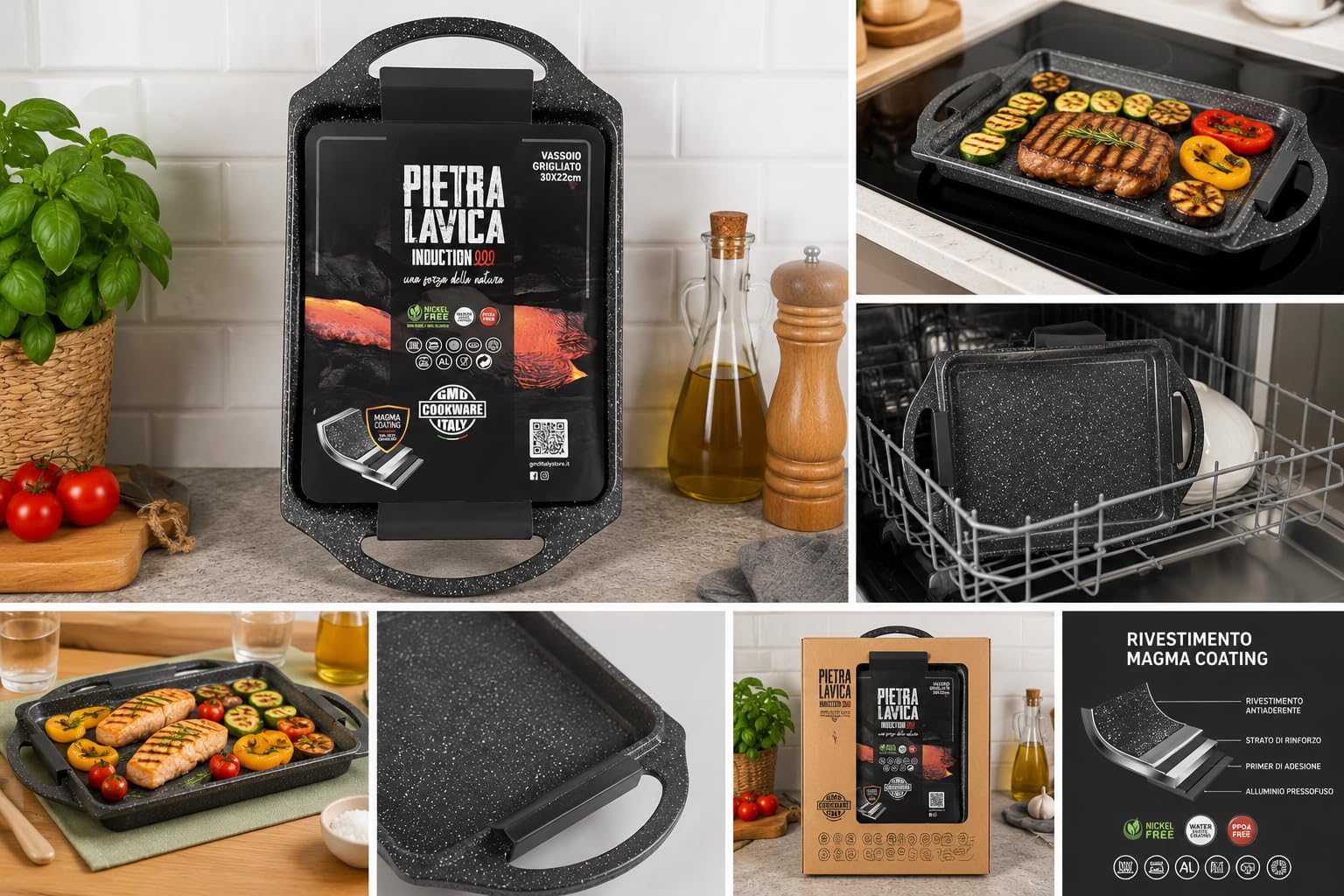 GMD Cookware Vassoio Grigliato Pietra Lavica 36x22 cm Induzione | Rivestimento Antiaderente, PFOA Free, Compatibile Gas e Forno vetroceramica e induzione , Magma Coating, Alluminio